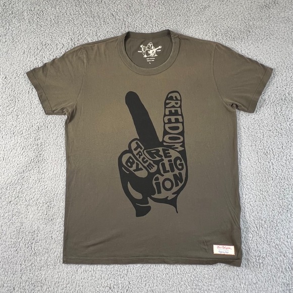 True Religion Graphic T-Shirt Peace Sign FREEDOM Olive Green Men's Size L VTG - Picture 1 of 15